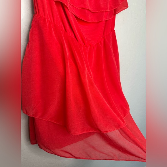 Red Pink Chiffon Ruffled Tiered Strapless Short Dress, size 6 - Picture 4 of 10